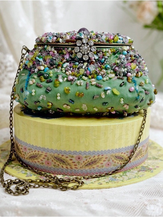 Mary Frances Handbags - Mary Frances Beaded Purse Sage Green with Pastel Accents, GUC Vintage